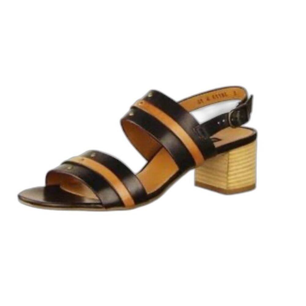 Paul Green Womens Black Tan Leather Strappy Slingback Block Heel Sandal 6.5/US 9